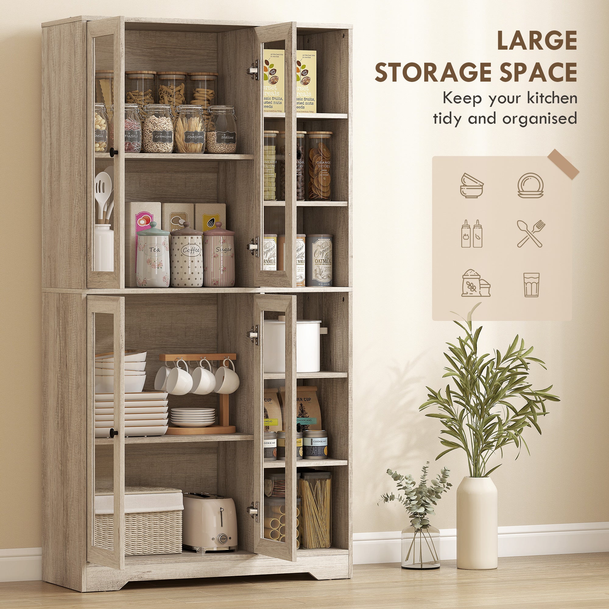 HOMCOM Multi-Storage Kitchen Cabinet, with Glass Doors - Grey Wood-Effect 