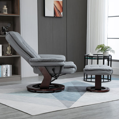 HOMCOM Manual Recliner and Footrest Set PU Leather Leisure Lounge Chair Armchair with Swivel Wood Base, Grey 