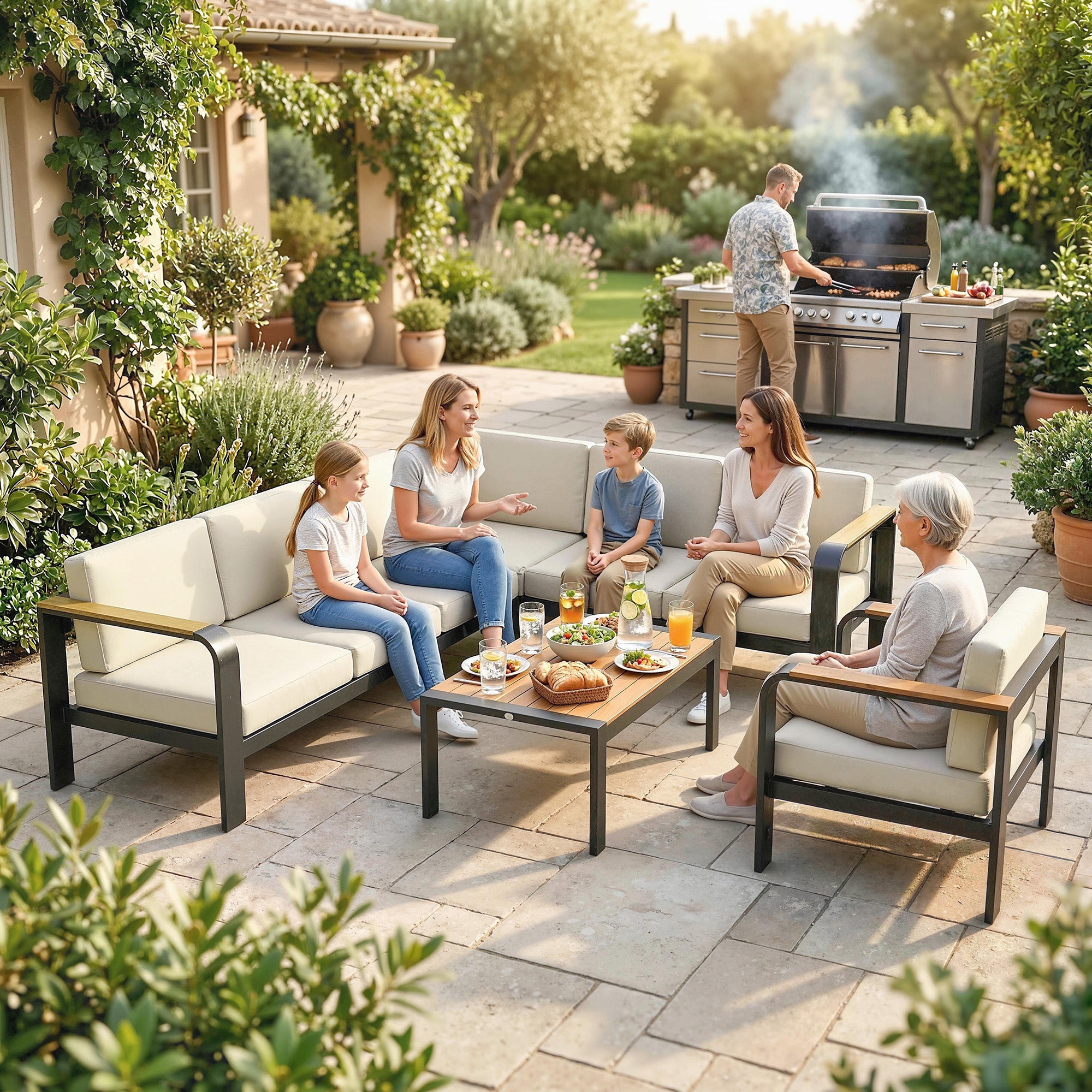 Outsunny 3 Pieces Garden Furniture Set with L-Shaped Sofa, Armchair and Coffee Table, Aluminium Garden Corner Sofa Set 