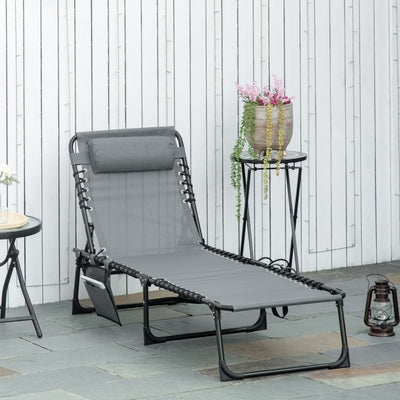 Outsunny Portable Sun Lounger, Folding Camping Bed Cot, Reclining Lounge Chair 5-position Adjustable Backrest with Side Pocket, Pillow for Patio Garden Beach Pool, Grey 