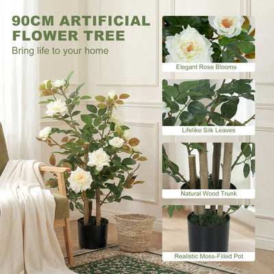 HOMCOM 90cm Artificial Rose Tree, Decorative Fake Plant with 344 Silk Leaves 17 Flowers for Outdoor Indoor Decor, White 
