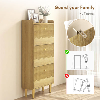 HOMCOM Narrow Shoe Cabinet, Modern Shoe Storage Cabinet with 3 Flip Drawers, Oak 