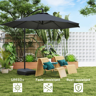 Outsunny 3(m) Garden Cantilever Parasol with Fillable Base, Wind Protection Strap, Cover, Round Banana Hanging Umbrella with Crank Handle and Tilt, Patio Umbrella for Outdoor Sun Shade, UPF50+, Grey 