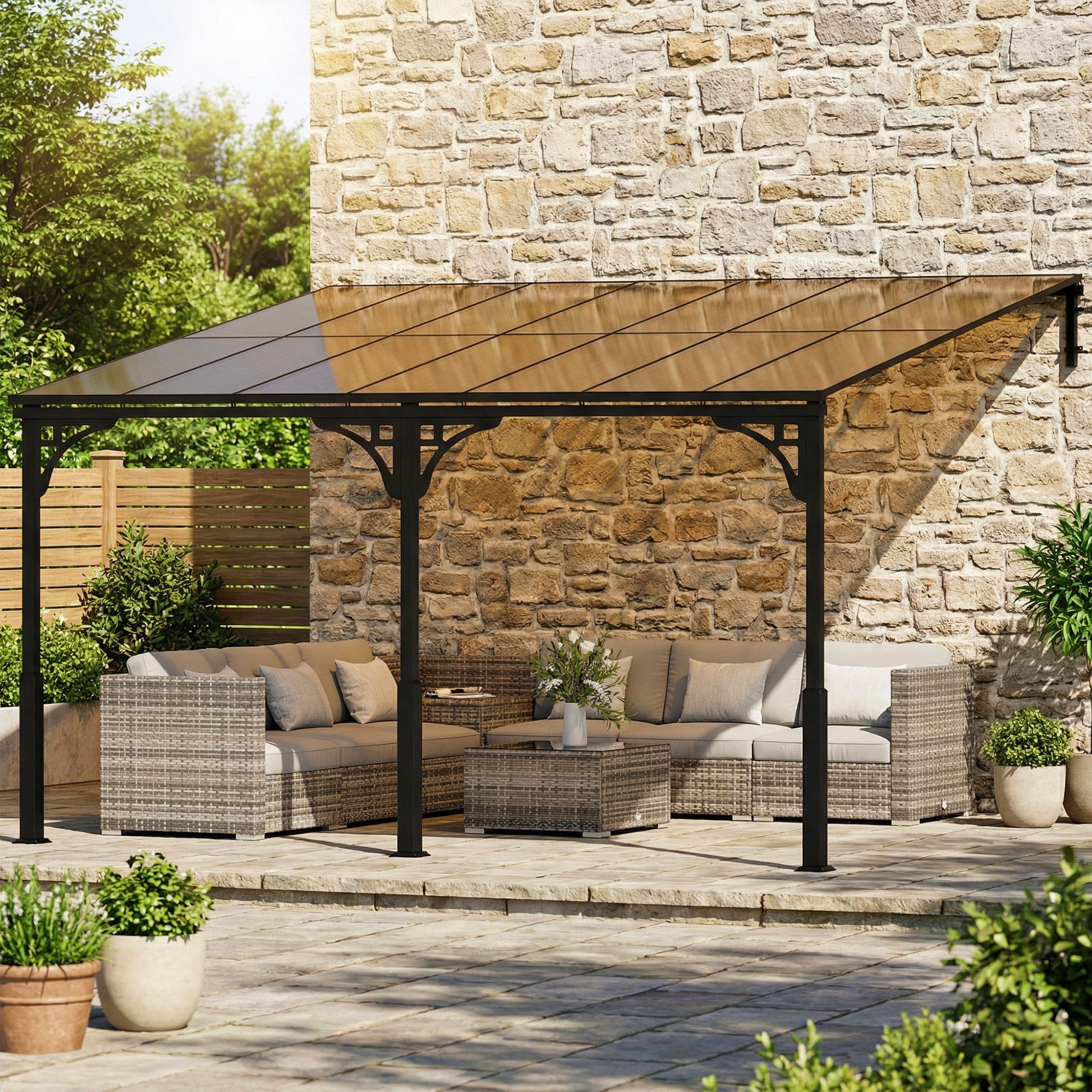 Outsunny 4 x 3 m Metal Lean-to Pergola, Wall-Mounted Garden Pergola with Polycarbonate Roof and Metal-Aluminium Frame, Heavy Duty Hardtop Gazebo for Outdoor Patios, BBQ, Brown 