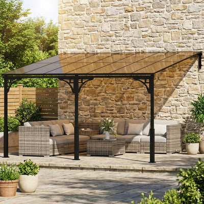 Outsunny 4 x 3 m Metal Lean-to Pergola, Wall-Mounted Garden Pergola with Polycarbonate Roof and Metal-Aluminium Frame, Heavy Duty Hardtop Gazebo for Outdoor Patios, BBQ, Brown 