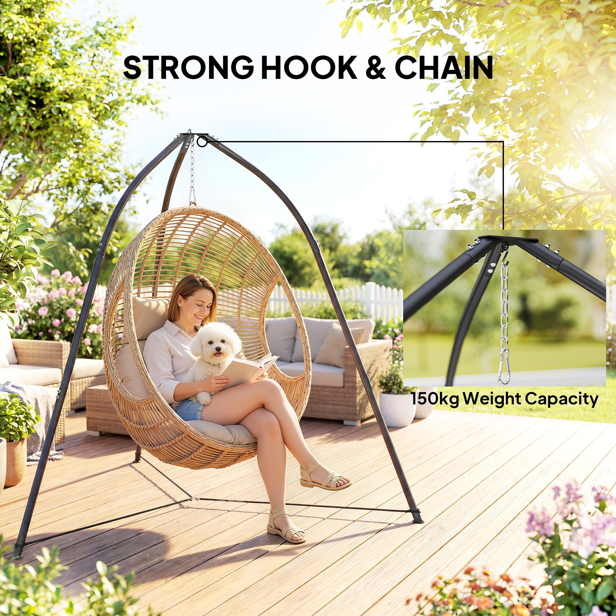 Outsunny Hammock Stand for Hanging Chair Adjustable Height Tripod Hammock Chair Stand Only with Chain, 150 kg Capacity, Black 