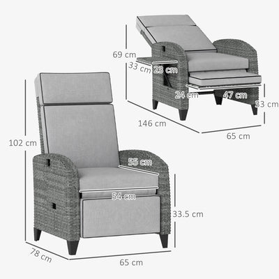 Outsunny Outdoor Recliner Chair with Adjustable Backrest and Footrest, Cushion, Side Tray, Light Grey 