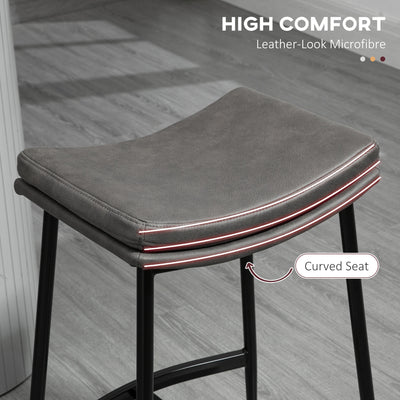 HOMCOM Breakfast Bar Stools Set of 2, Microfibre Upholstered Barstools, Industrial Bar Chairs with Curved Seat and Steel Frame for Dining Room, Kitchen, Grey 