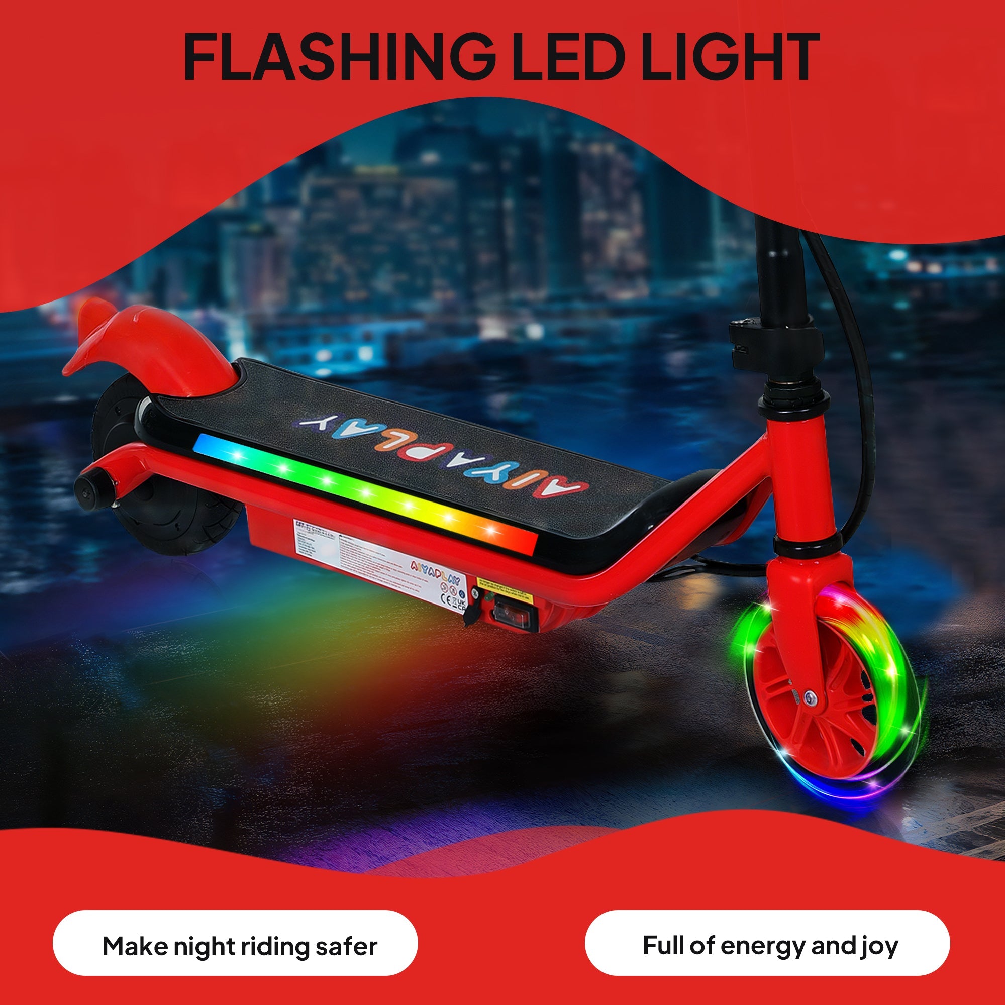 AIYAPLAY Electric Scooter for Kids Ages 6-14, with Dual Brakes, Flash Wheel and Colourful Light, Kids Electric Scooter E Scooter, Up to 12 KM/H & 10 KM, Red 
