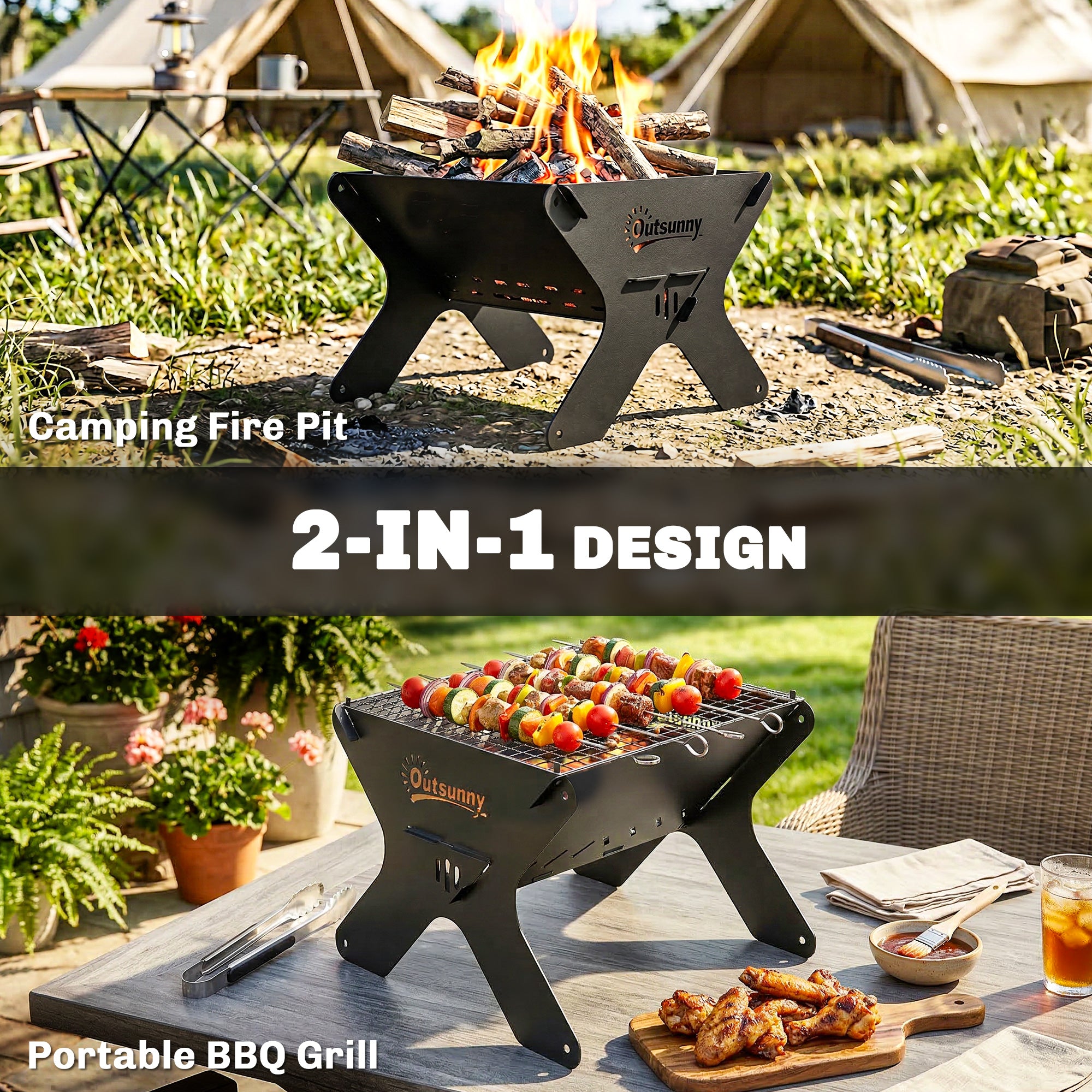 Outsunny 2-In-1 Portable BBQ Grill and Camping Fire Pit, Tabletop Charcoal Barbecue Grill with Gripper, Gloves and Carry Bag 