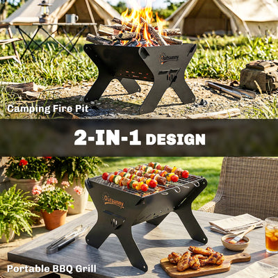 Outsunny 2-In-1 Portable BBQ Grill and Camping Fire Pit, Tabletop Charcoal Barbecue Grill with Gripper, Gloves and Carry Bag 