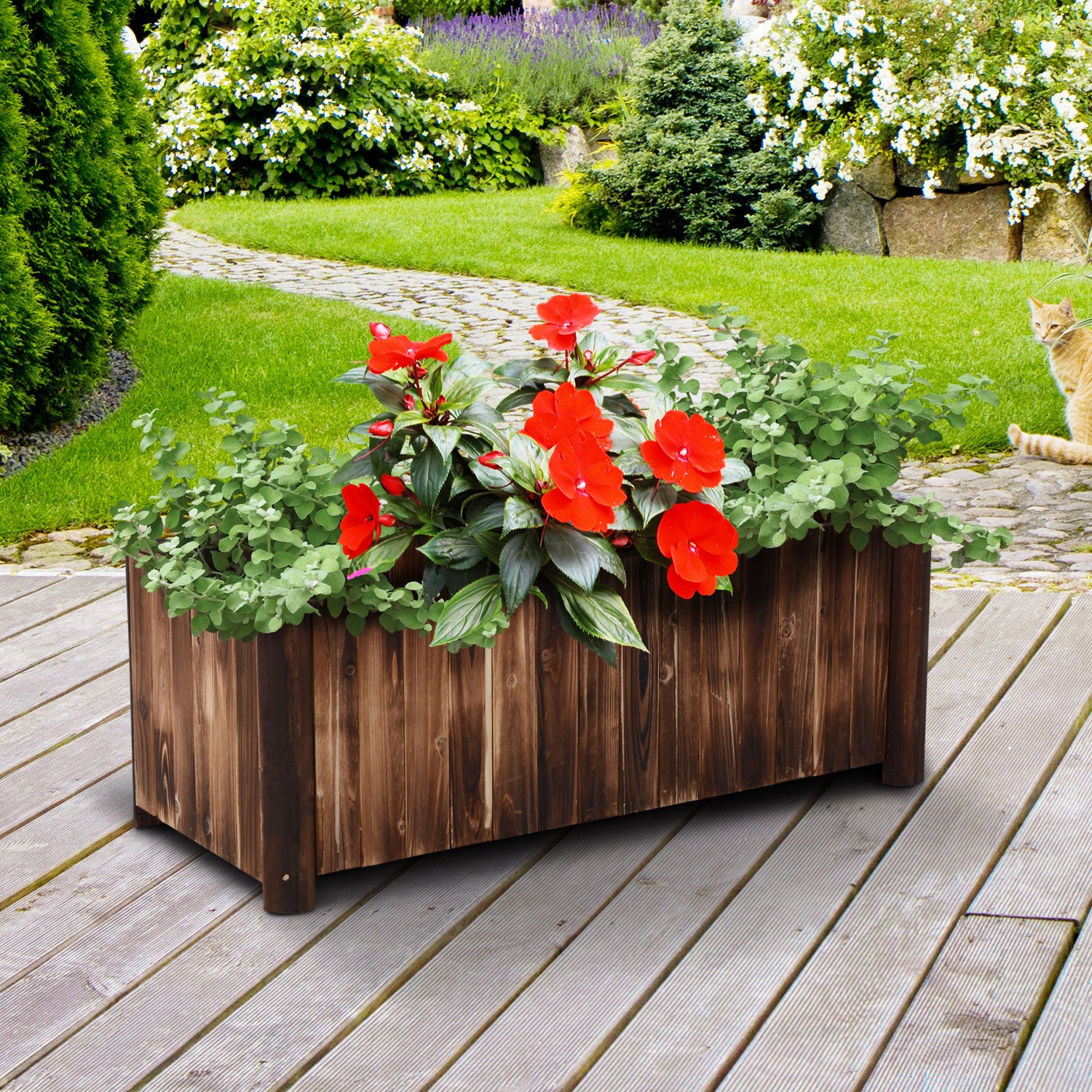 Outsunny Wooden Raised Garden Bed, 120 x 50 x 45cm Elevated Planter Box, Outdoor Flower Bed with Drainage Gaps, Easy Assembly 