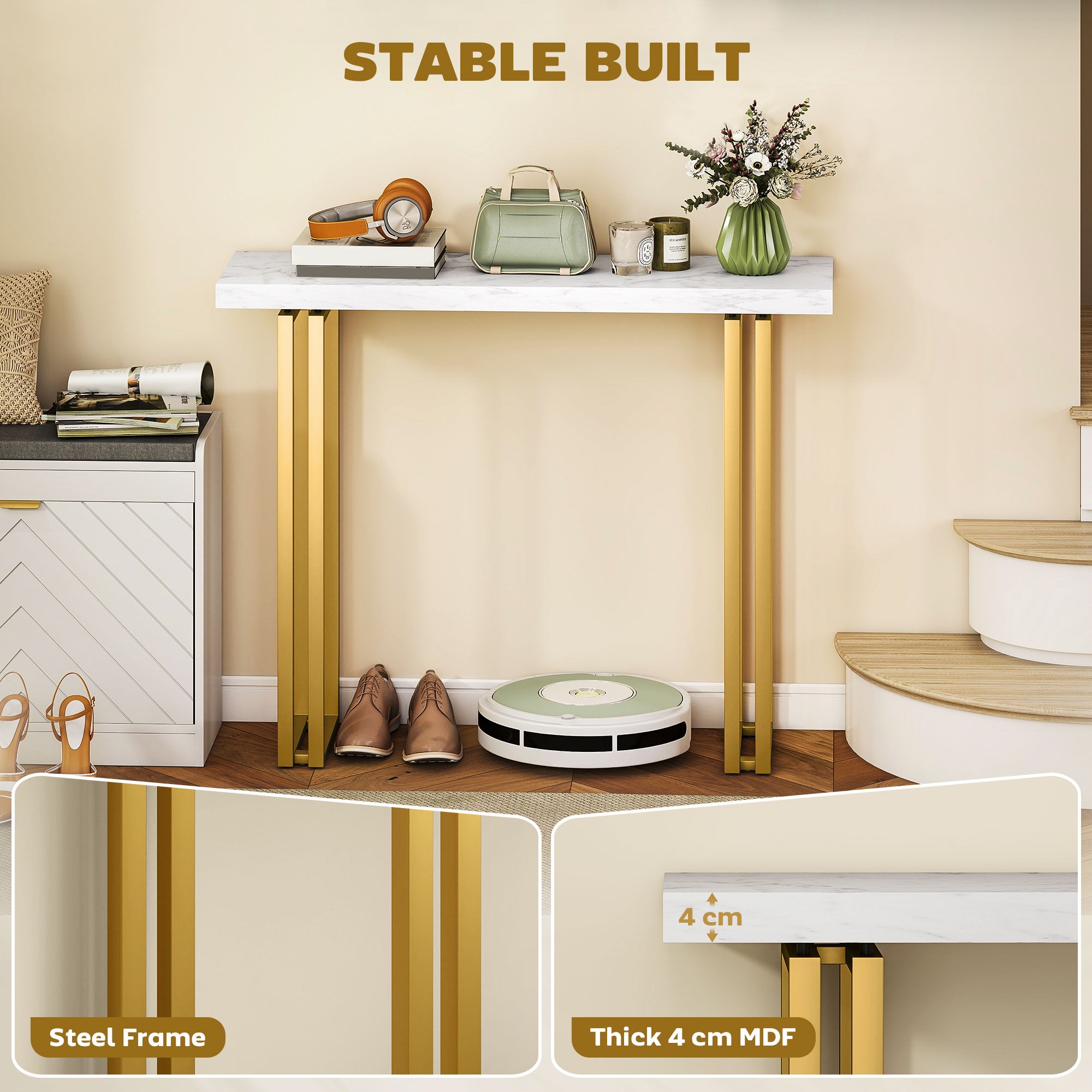 HOMCOM 100 cm Console Table with Faux Marble Top, Narrow Entryway Table with Anti-tipping Device, White 