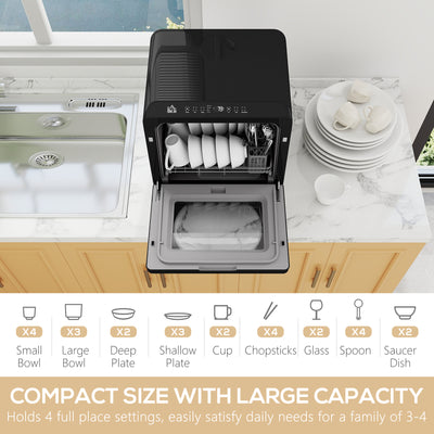 HOMCOM Table Top Dishwasher with Built-in 6L Water Tank, Mini Countertop Dishwasher with 6 Programs, 4 Place Settings, Black 