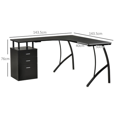 HOMCOM L-Shaped Computer Desk Table with Storage Drawer, Home Office Desk Corner Industrial Style Workstation for A4 Files 143.5 x 143.5 x 76cm, Black 