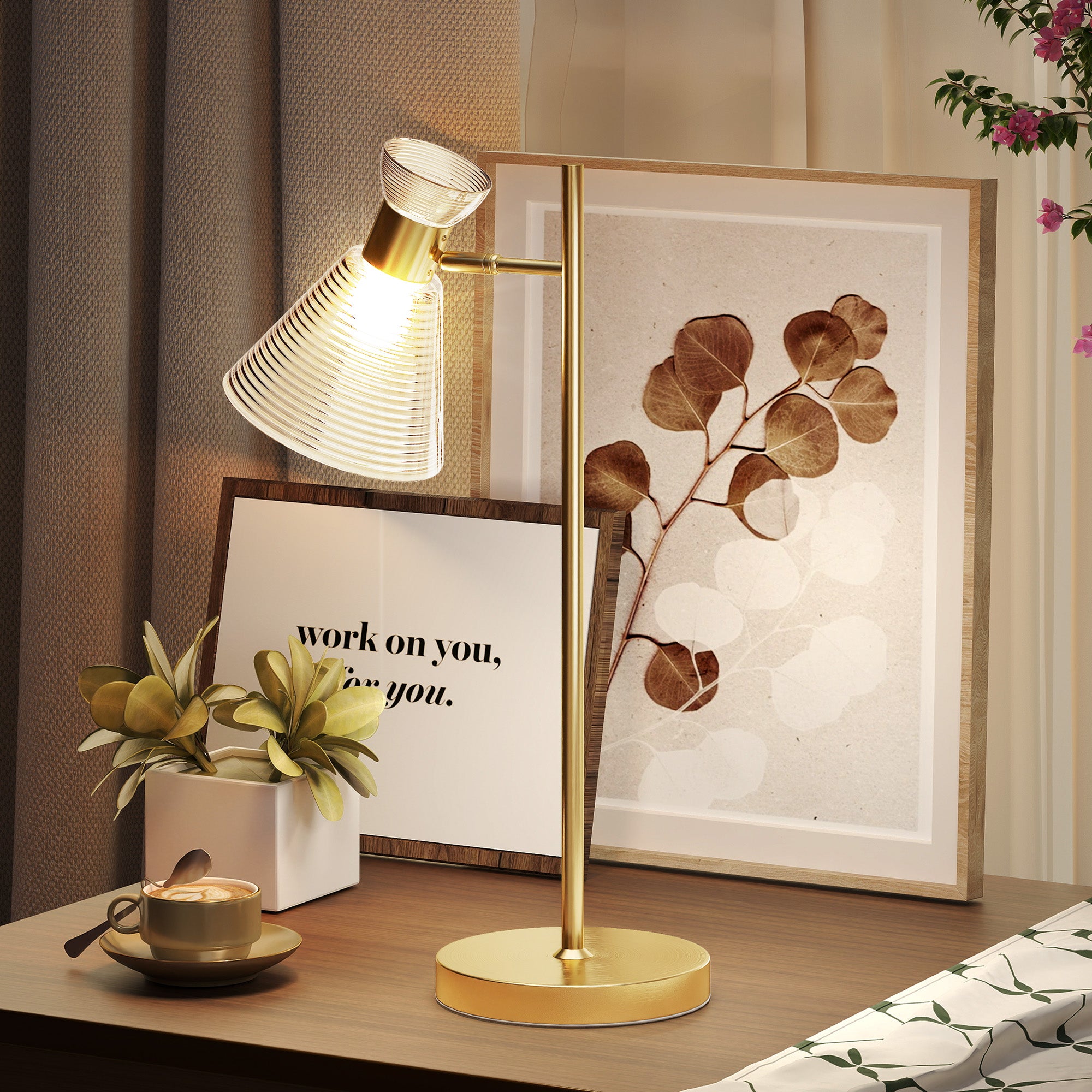 HOMCOM Modern Table Lamp, Bedside Lamp with Adjustable Flower-Shaped Head and E27 Socket for Living Room Bedroom Study, Bulb Not Included, Gold Tone 