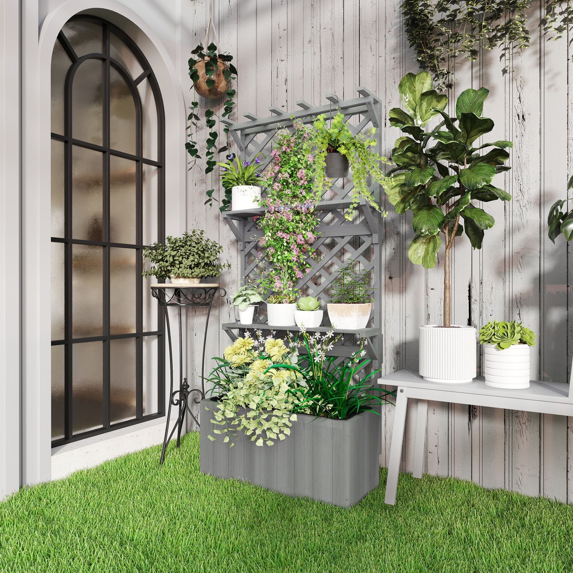 Outsunny 52L Wooden Planter, with Trellis and Shelves - Grey 