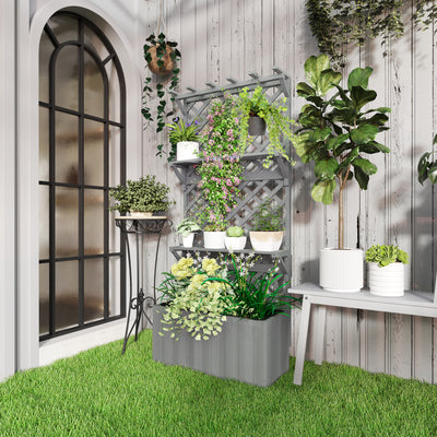 Outsunny 52L Wooden Planter, with Trellis and Shelves - Grey 