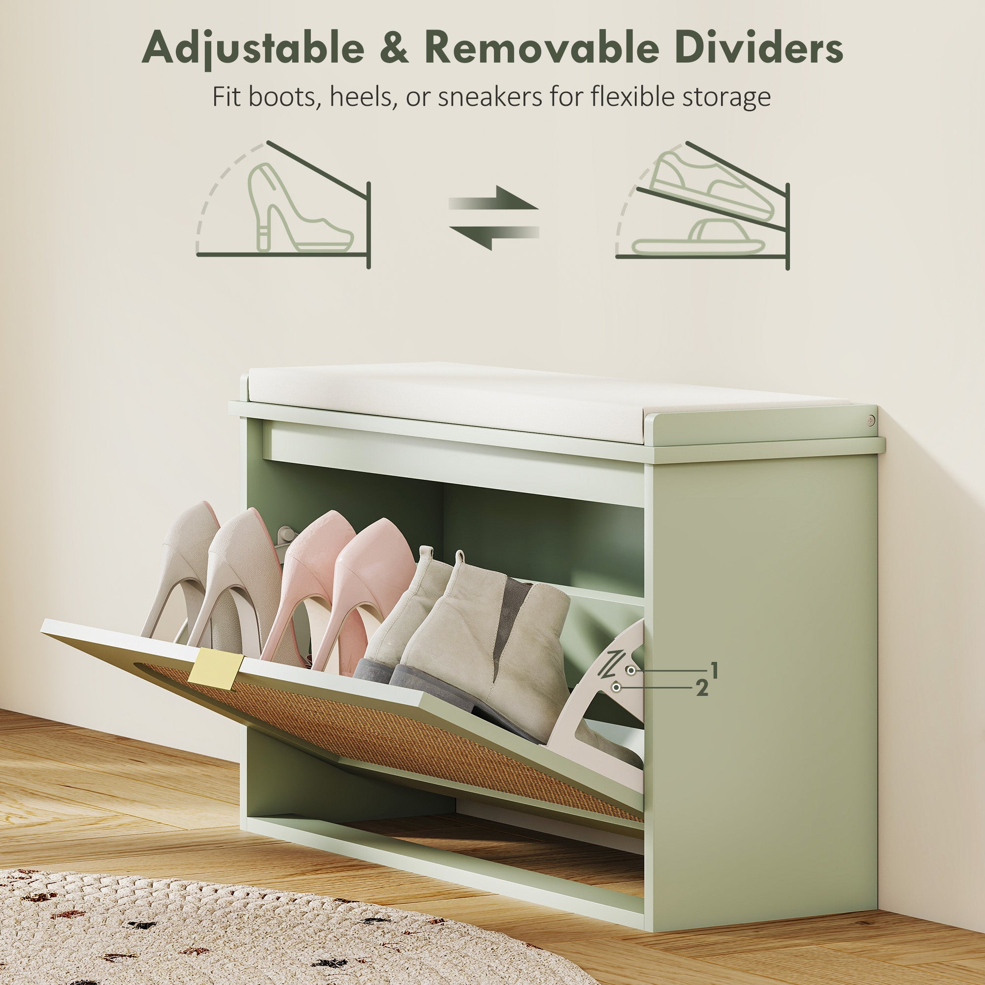 HOMCOM Boho Shoe Bench with Padded Seat and Flip-Drawer - Light Green