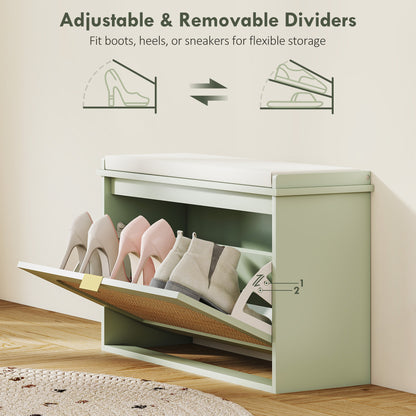 HOMCOM Boho Shoe Bench with Padded Seat and Flip-Drawer - Light Green