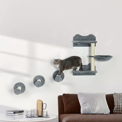 PawHut 4 Piece Cat Shelf with Scratching Post, Wall-Mounted Cat Tree for Indoor Cat - Grey 