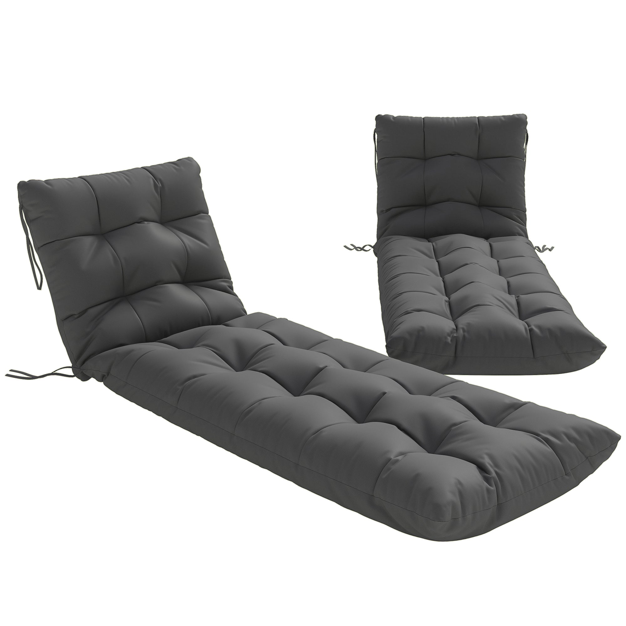 Outsunny Sun Lounger Cushions Only, Garden Lounge Chair Cushions Set of 2, Sunbed Replacement Pads with 4 Ties, Dark Grey 