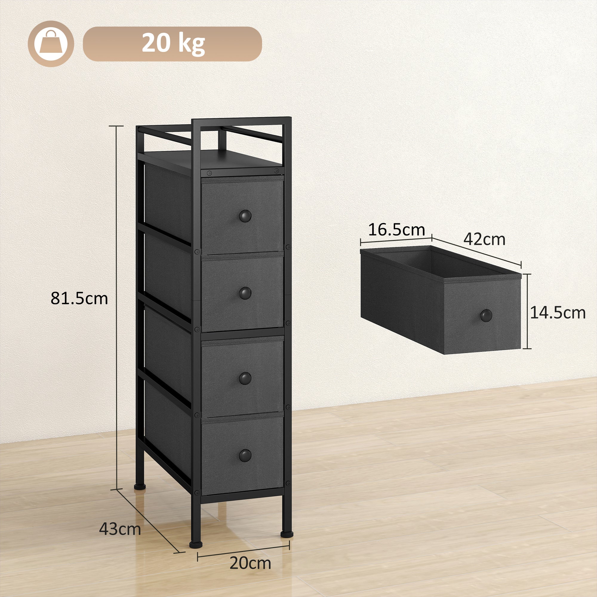 HOMCOM 4 Drawer Fabric Dresser Chest of Drawers, Slim Storage Cabinet with Steel Frame for Small Spaces, Bedroom, Black 