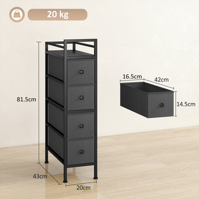 HOMCOM 4 Drawer Fabric Dresser Chest of Drawers, Slim Storage Cabinet with Steel Frame for Small Spaces, Bedroom, Black 