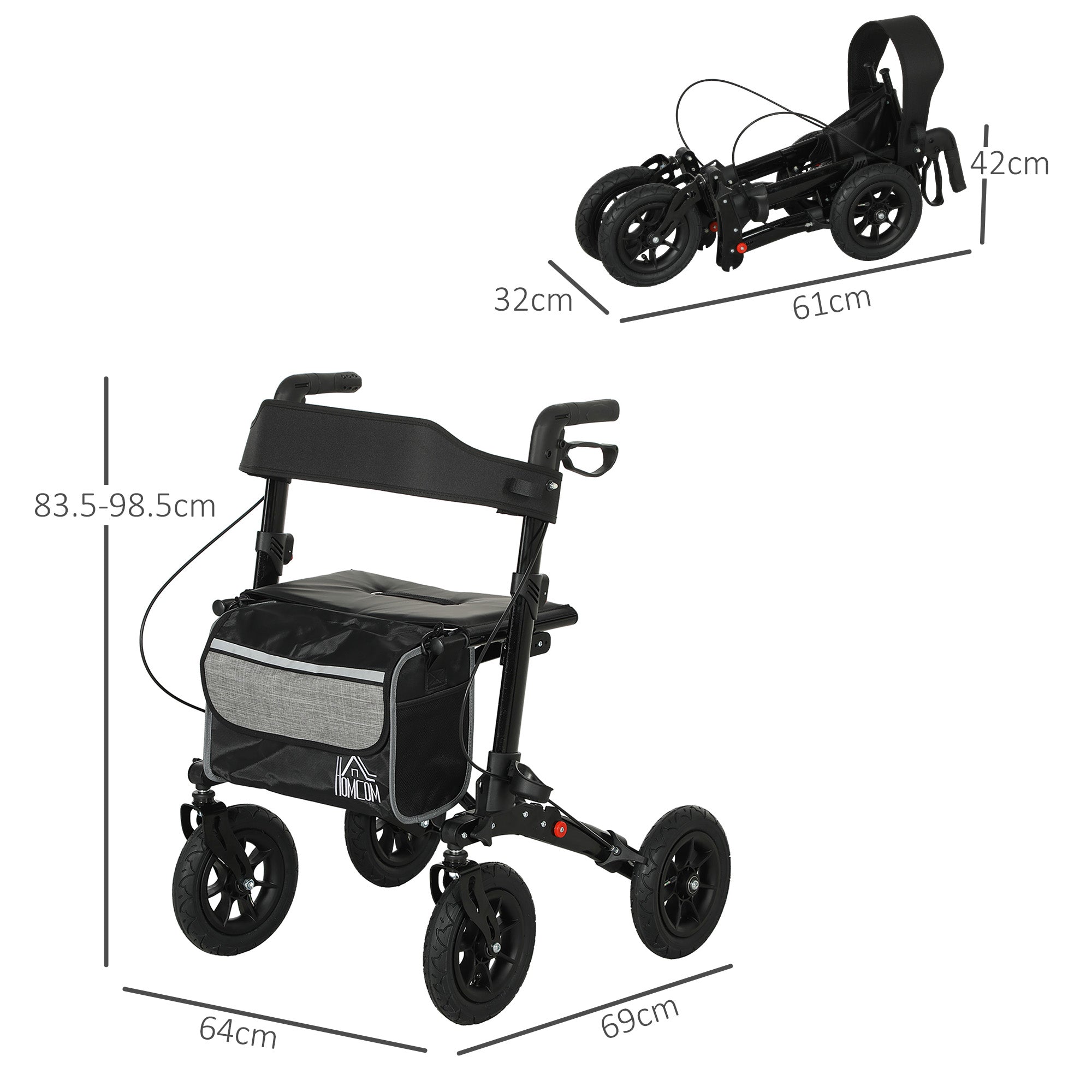 HOMCOM Folding Rollator Walker with Padded Seat, Backrest, Lightweight Walking Frame with Storage Bag, Dual Brakes, All-terrain Wheels, Adjustable Handle Height, 4 Wheeled Walker for Seniors, Black 