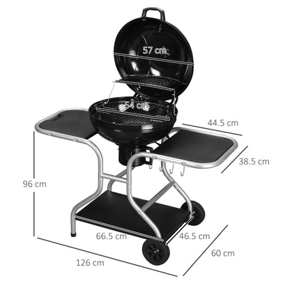 Outsunny Portable Charcoal Kettle Grill Outdoor Barbecue Trolley BBQ Heat Smoker Grilling with 2 Wheels, Storage Shelf and 4 Hooks, Free Standing, Black 