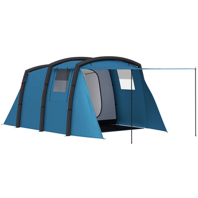 Outsunny Inflatable 3-4 Man Tunnel Tent w/ Air Pump, Living Area & Vestibule, Waterproof Family Camping Air Tent w/ Sewn In Groundsheet & Removable Footprint for Camping, Hiking, Blue 