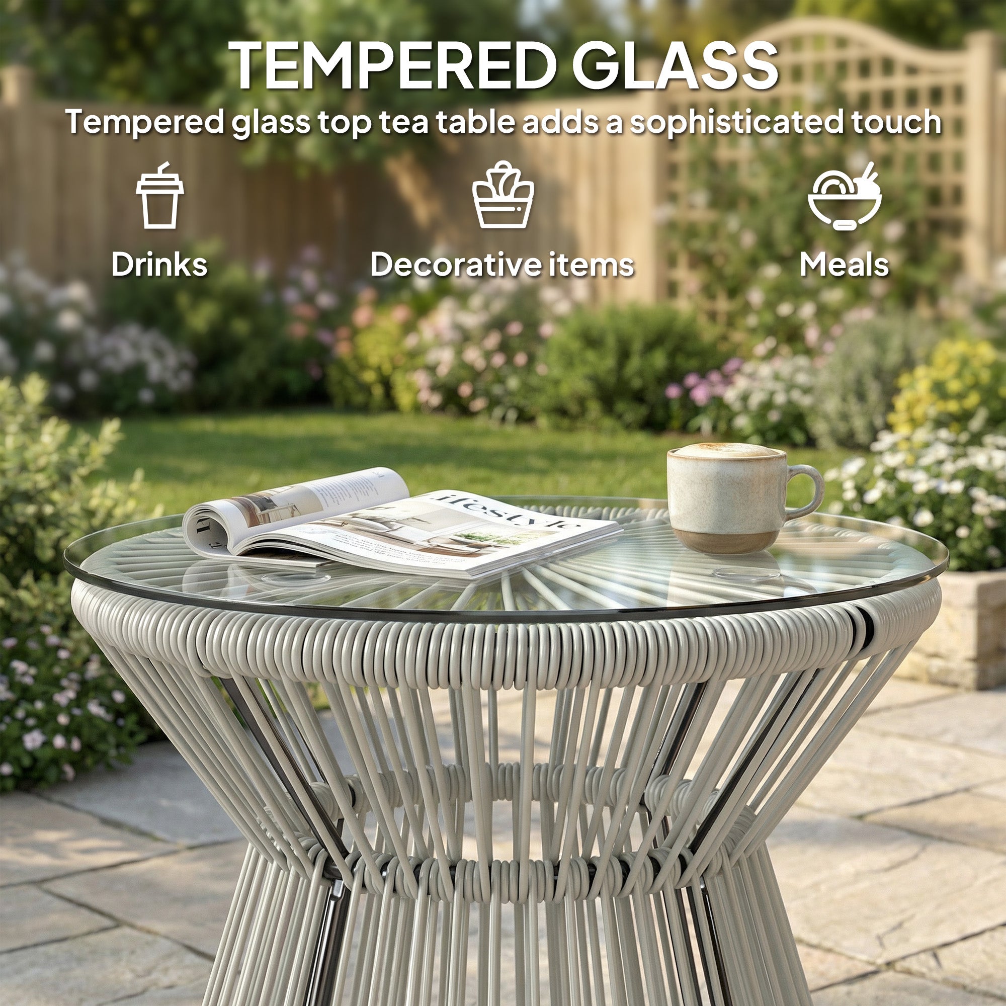 Outsunny Rattan Outdoor Coffee Table, PE Rattan Wicker Bistro Side Table with Tempered Glass Top, Light Grey 
