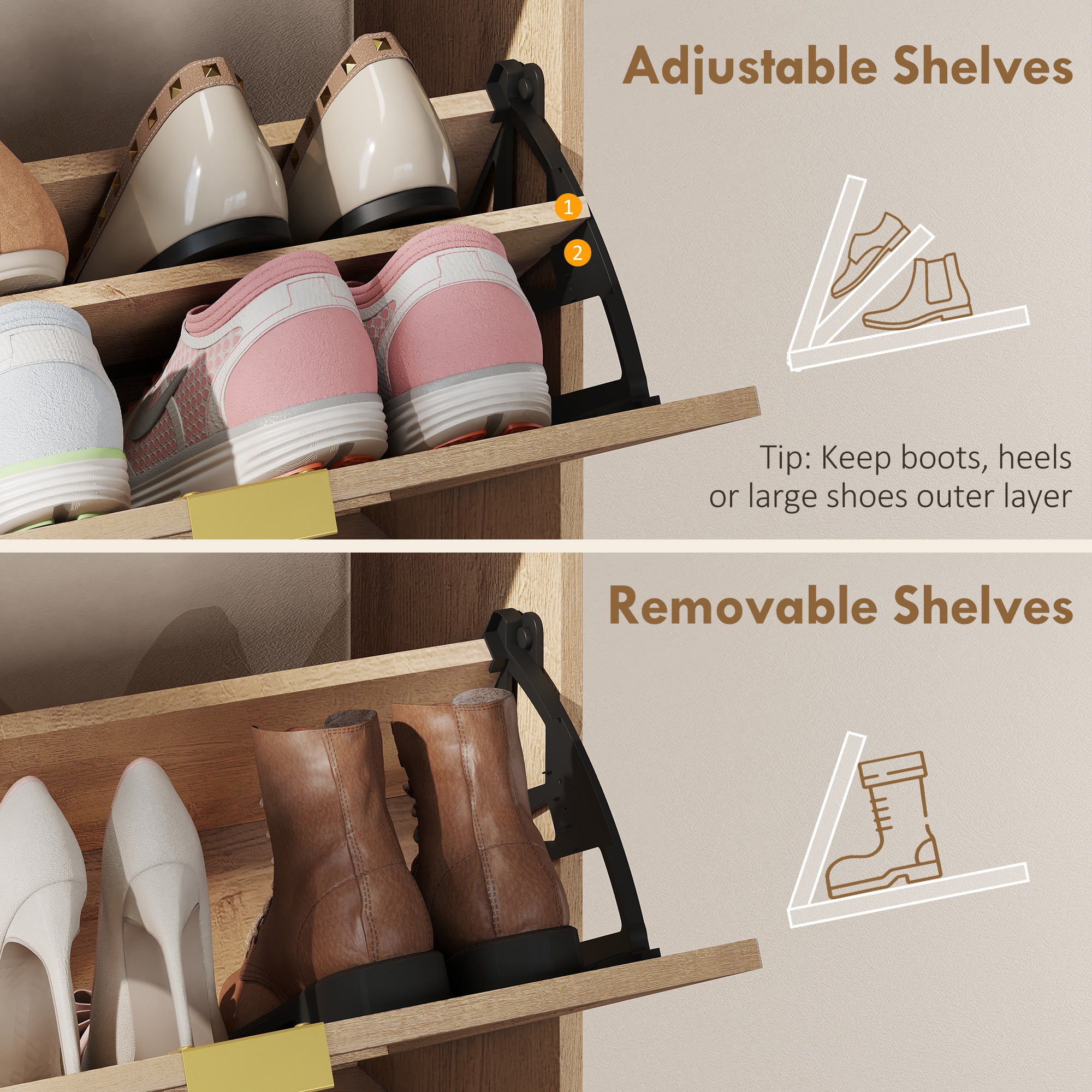 HOMCOM Shoe Cabinet with 2 Flip Drawers, Narrow Shoe Storage Top for Entryway Hallway, Walnut Brown 