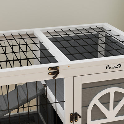 PawHut Wooden Rabbit Hutch, Guinea Pig Cage, with Removable Tray, Openable Roof, Grey 
