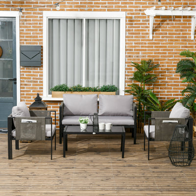 Outsunny 4 Piece Metal Garden Furniture Set with Tempered Glass Coffee Table, Texteline Pocket, Outdoor Patio Set Loveseat Single Armchairs with Padded Cushions, Light Grey 