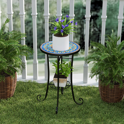 Outsunny Mosaic Garden Table, 35.5 cm Round Outdoor Table with Shelf, Ceramic Tile Top, Small Garden Side Table Bistro Table End Table Plant Stand for Indoor, Patio, Balcony, Blue 