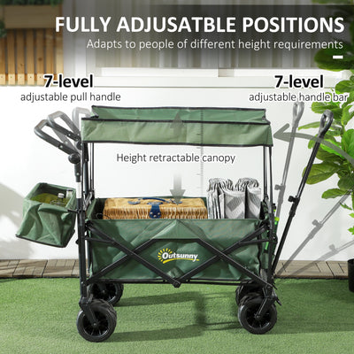 Outsunny Folding Trolley Cart Storage Wagon Beach Trailer 4 Wheels with Handle Overhead Canopy Cart Push Pull for Camping, Green 