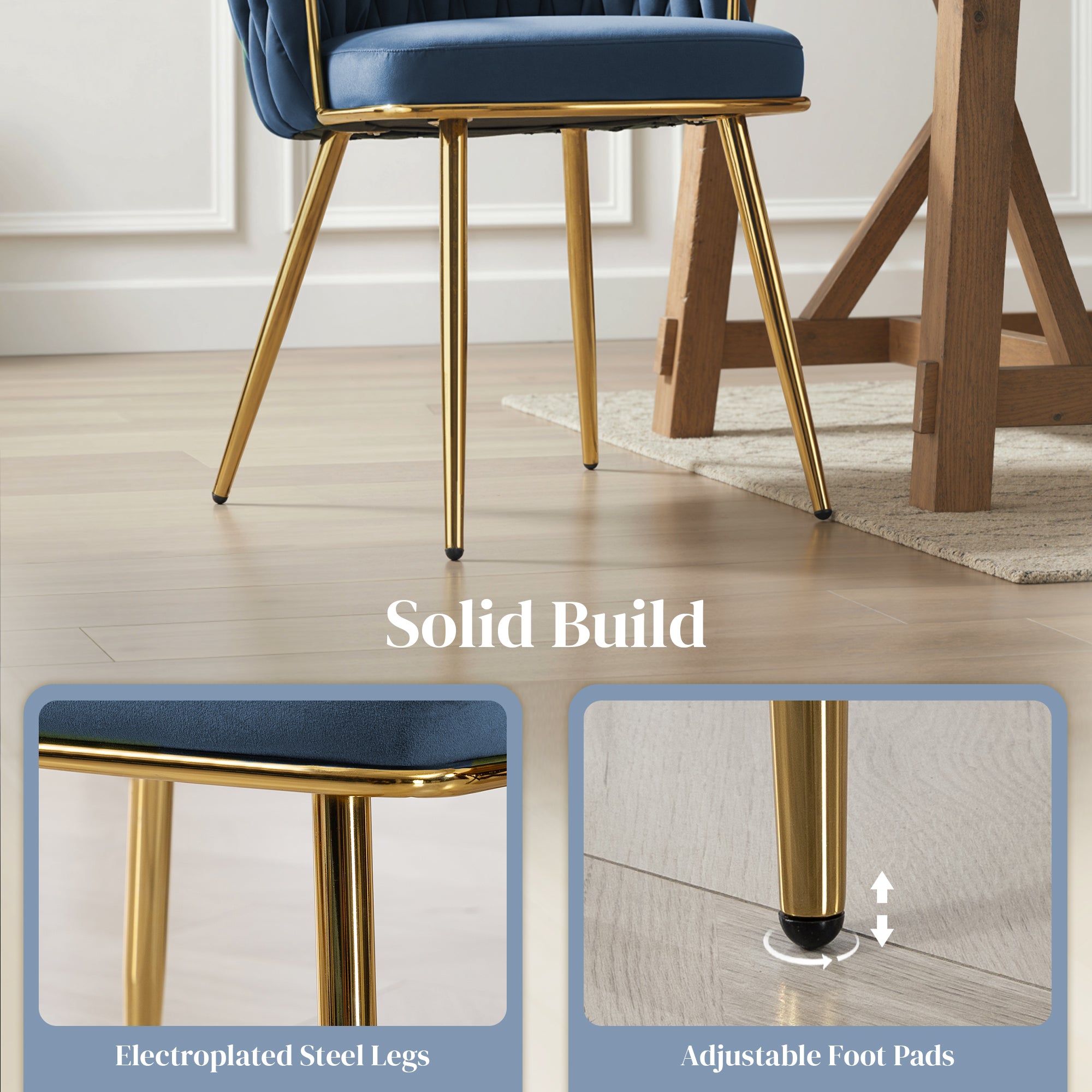HOMCOM Velvet-Feel Dining Chairs Set of 2, Modern Upholstered Armchair with Knot Design and Golden Metal Legs, Accent Chair for Dining Room, Bedroom, Kitchen, Living Room, Dark Blue 