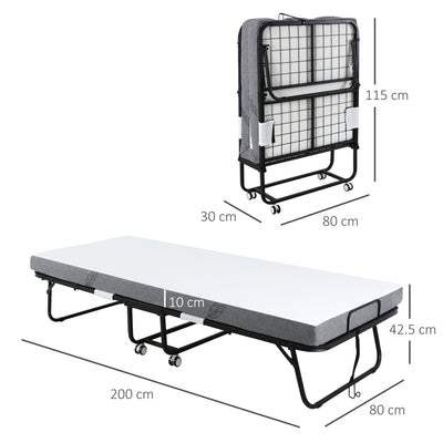 HOMCOM Folding Bed with 10cm Mattress, Portable Foldable Guest Bed with Sturdy Metal Frame on Wheels 