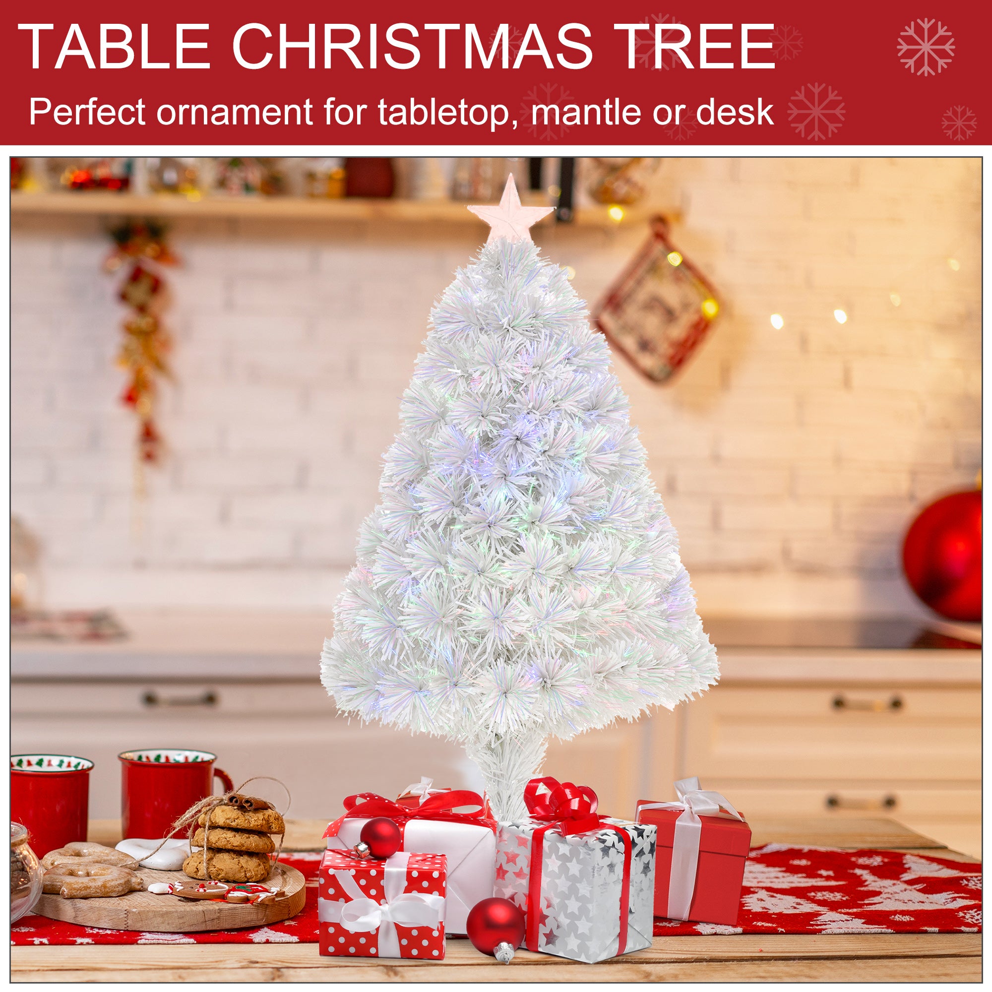 HOMCOM 2.5FT Prelit Artificial Tabletop Christmas Tree with Fibre Optics Holiday Home Xmas Decoration for Table and Desk, White 