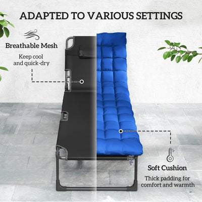 Outsunny Folding Sun Lounger for Garden, 5-Position Oversized Camping Bed Recliner with Cushions, Blue 