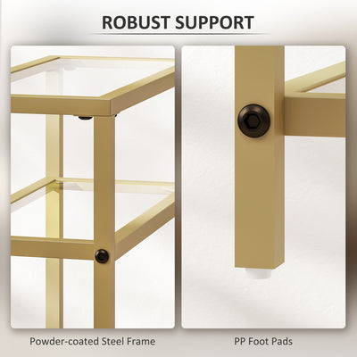 HOMCOM 3-Tier Side Table, Narrow End Table with Storage Shelf and Tempered Glass Tabletop for Small Spaces, Bedroom, Living Room, Entryway, Gold Tone 