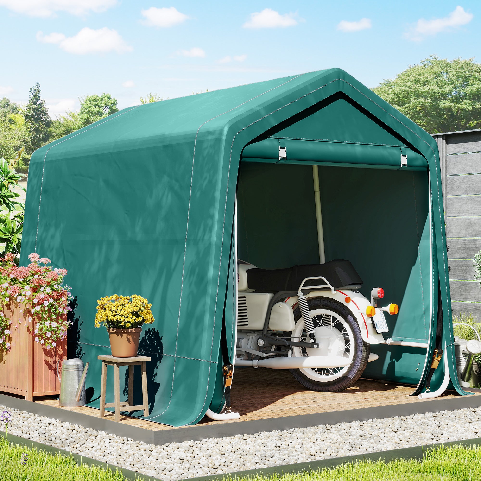 Outsunny 8 x 6.5 ft Outdoor Garden Storage Shed, Waterproof Bike Tent with Double Roll-up Zipper Door for Garden Tools, Green 