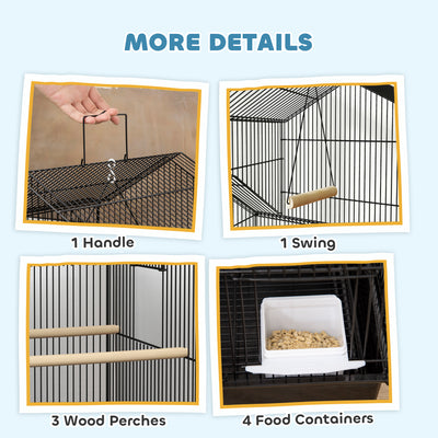 PawHut Metal Bird Cage with Plastic Swing, Perch, Food Container, Tray, Handle, for Finches, Canaries, Budgies, 43 x 32.5 x 163 