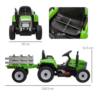 HOMCOM Ride On Tractor, Battery Powered Electric Car, with Detachable Trailer, Remote Control, Music - Green 