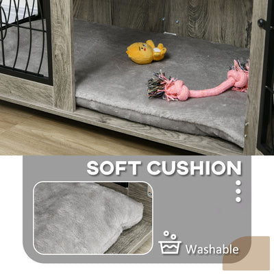 PawHut Indoor Dog Crate Furniture End Table with Soft Washable Cushion, Lockable Front Door, for Large Dogs - Grey 