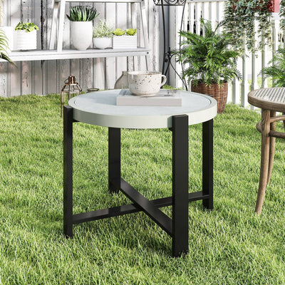 Outsunny Round Small Garden Table, 60cm Outdoor Side Table with Faux Marble Tempered Glass Top, Aluminium Frame for Garden, Patio, Balcony, Light Grey 