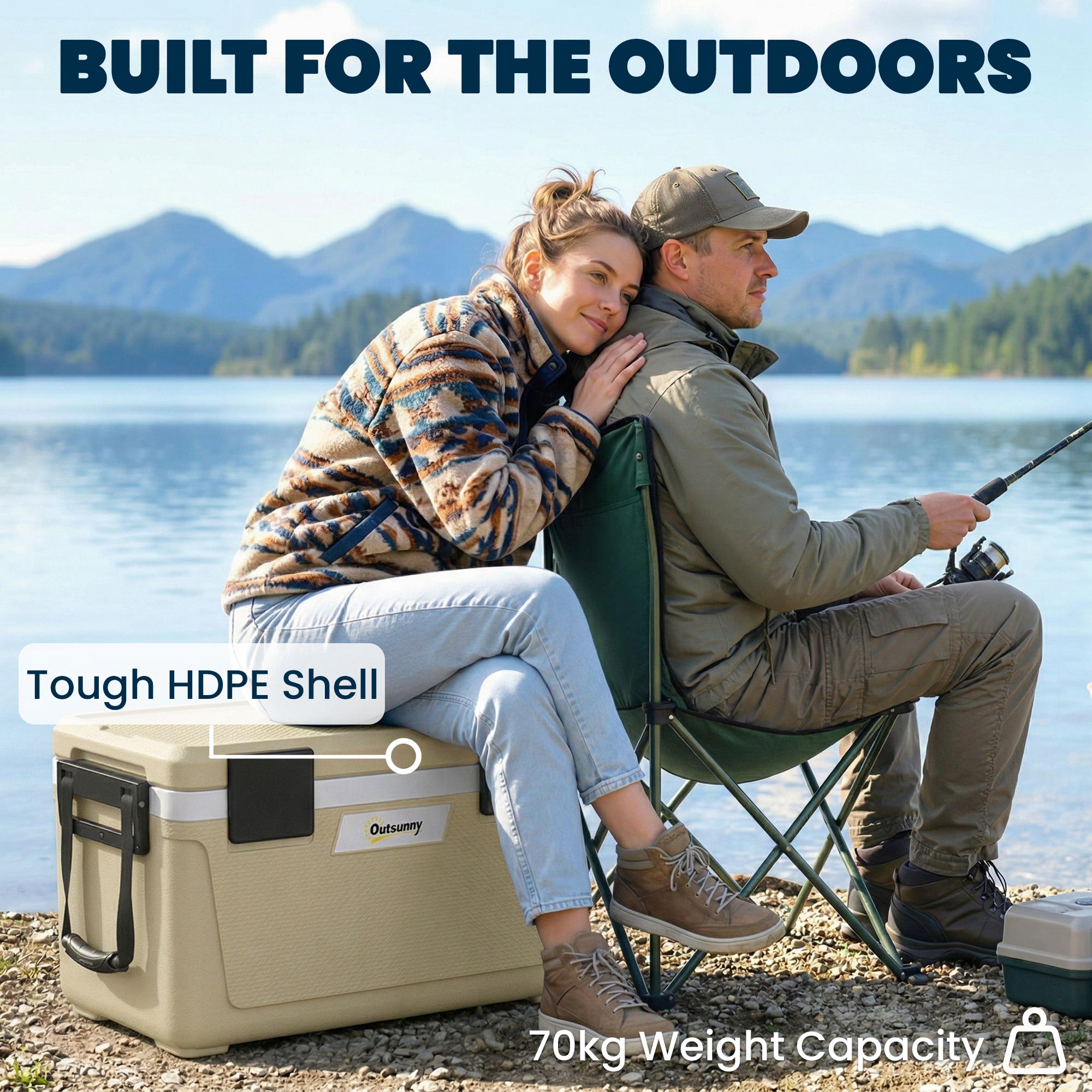 Outsunny 42.6L Insulated Cool Box, Lightweight Portable Ice Cooler with Handle, Lid and Drain Valve, Khaki 