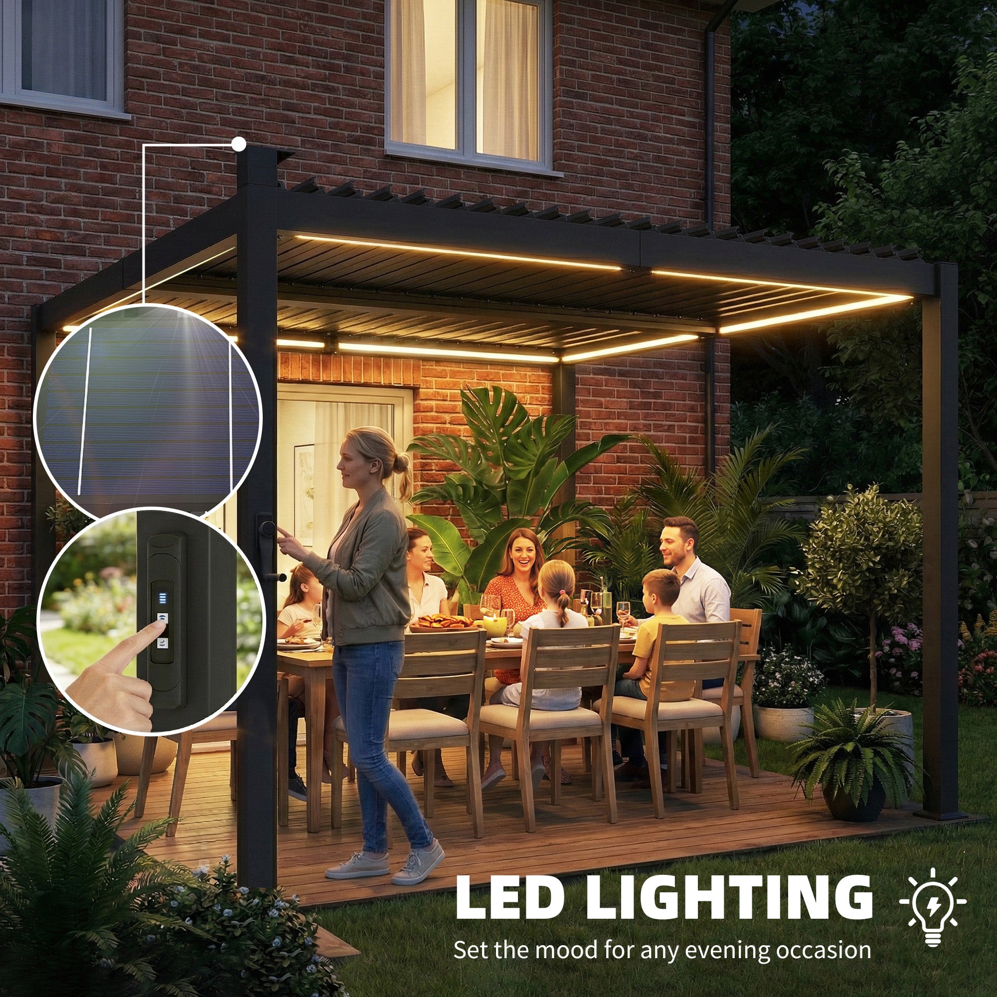 Outsunny 3 x 3 m Louvered Pergola with Solar LED lights, Metal Roof, Patio Gazebo Pergola Canopy with Drainage Gutters, Black 