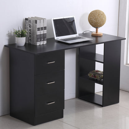 HOMCOM Computer Desk, Writing Table, PC Workstation with 3 Storage Shelves and Drawers, Silver Handle, for Home Office, Black 